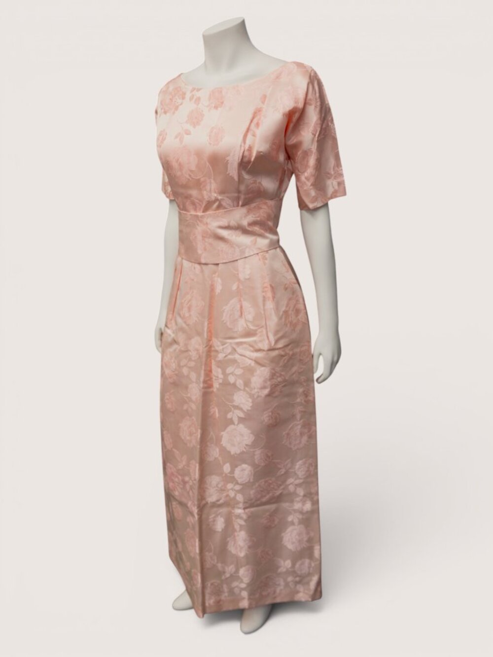 1960s Blush Pink Floral Brocade Evening Gown